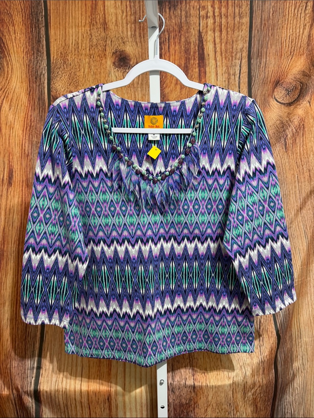 🚨(4/$10) Ruby Rd. Beaded Fringe Neckline Blouse Size M
